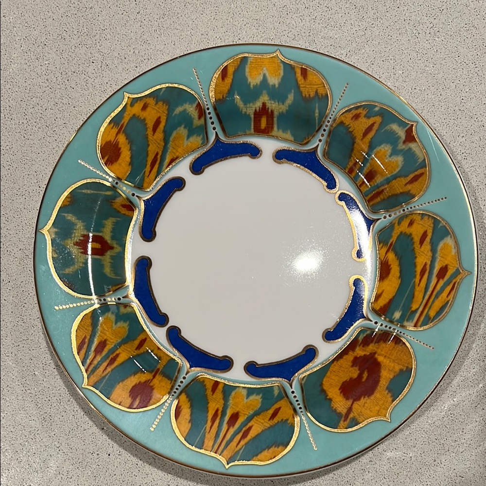 Anthropologie Blue and Gold Dessert Plate with Artisanal Design